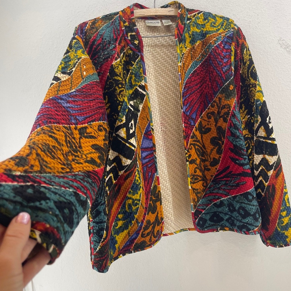 Chico's Silk Jacket 1 Abstract Boho Art To Wear Open Front Colorful Maximalism - Picture 5 of 16